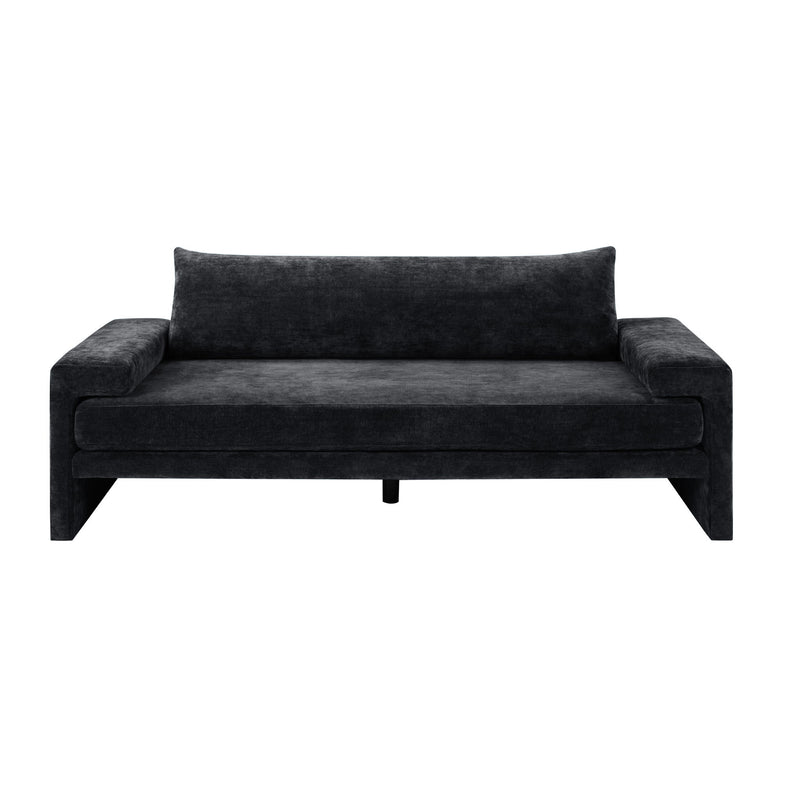 Upholstered 3-seater sofa with wide armrests, dark charcoal fabric, square arms.