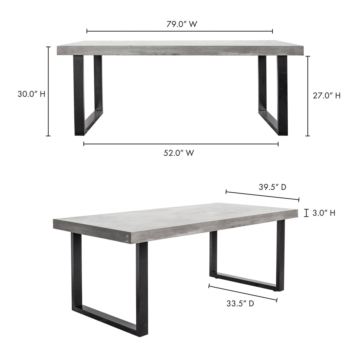 Outdoor dining table with wide concrete-look top and black cross-braced legs.