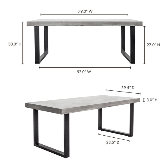 Outdoor dining table with wide concrete-look top and black cross-braced legs.