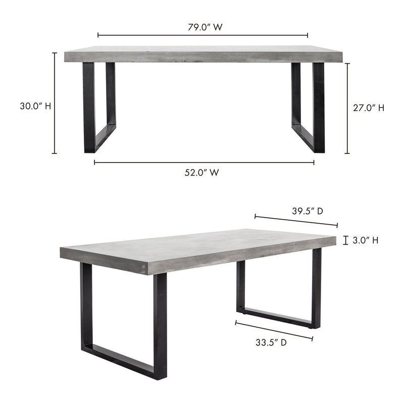 Outdoor dining table with wide concrete-look top and black cross-braced legs.