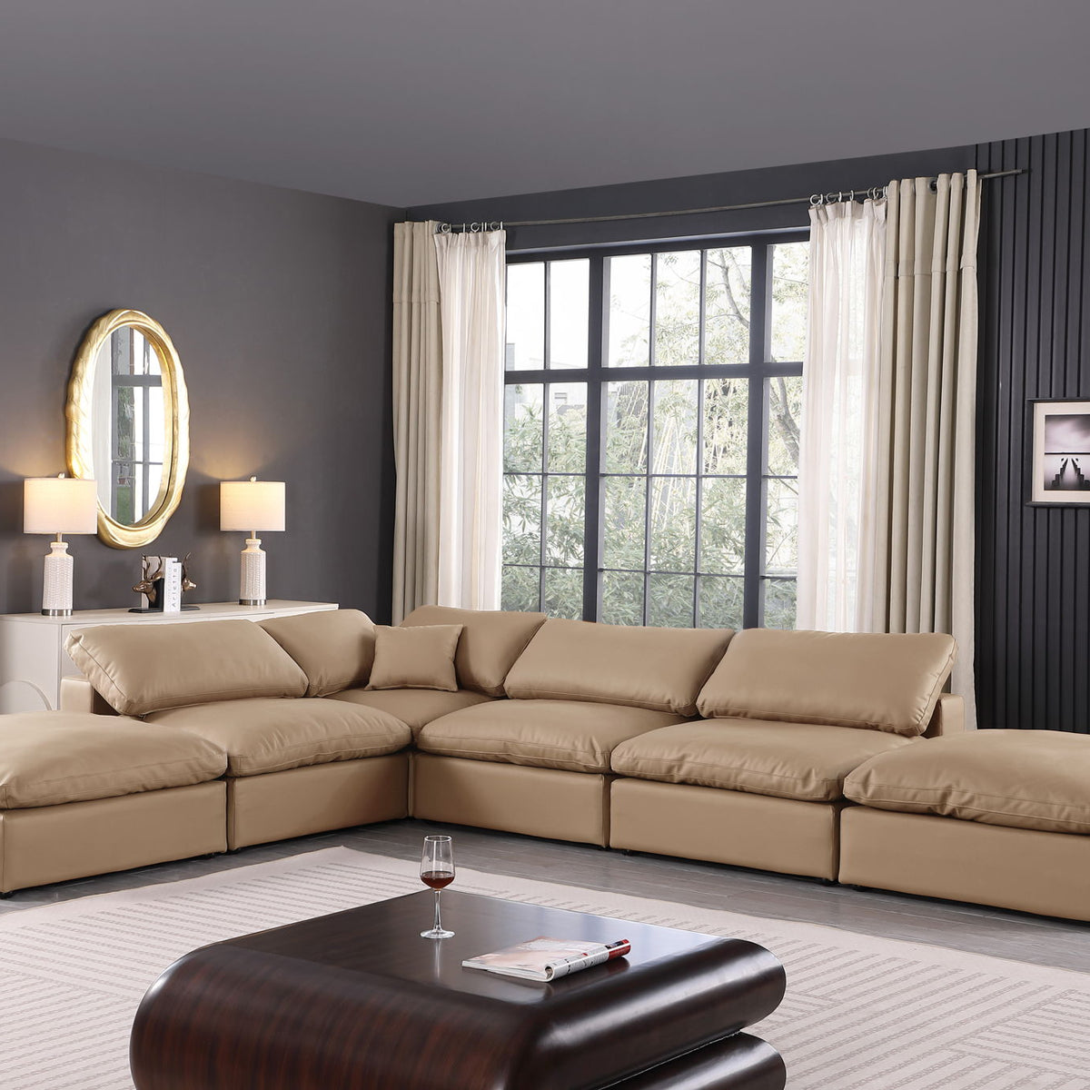 Comfy - 6 Piece Faux Leather Modular Sectional - Tan