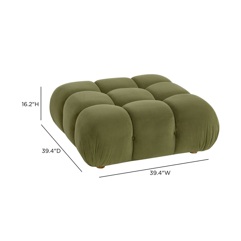 Olive green modular ottoman, tufted cube design, with shown dimensions