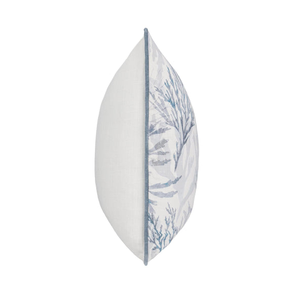Decorative pillow side profile with white fabric and blue botanical panel, blue piping