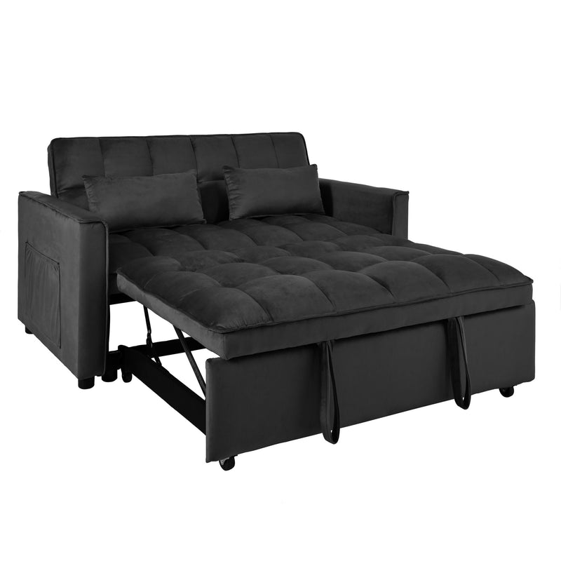 Black velvet-look convertible sofa bed with tufted seat cushions and pull-out mattress