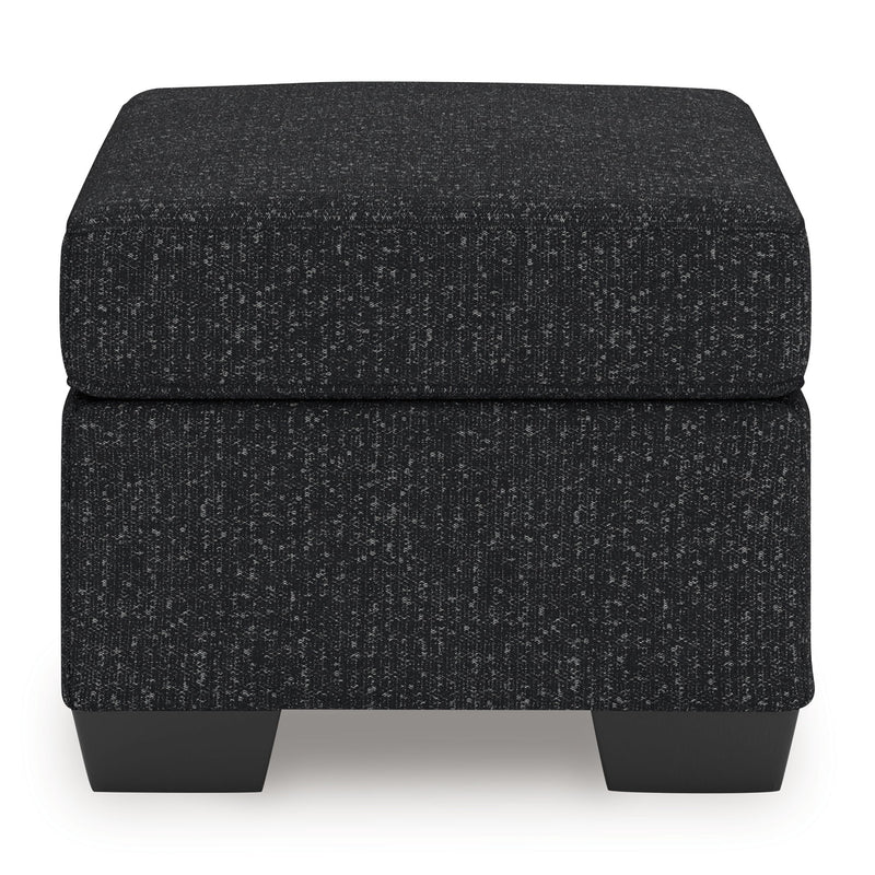 Charcoal upholstered ottoman footstool with black legs and thick top cushion