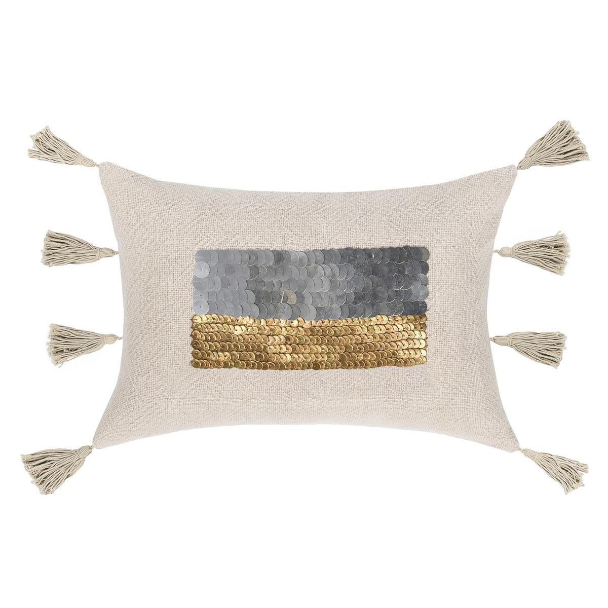 Natural 14x20 pillow with gray and gold sequin stripe center and tassel corners