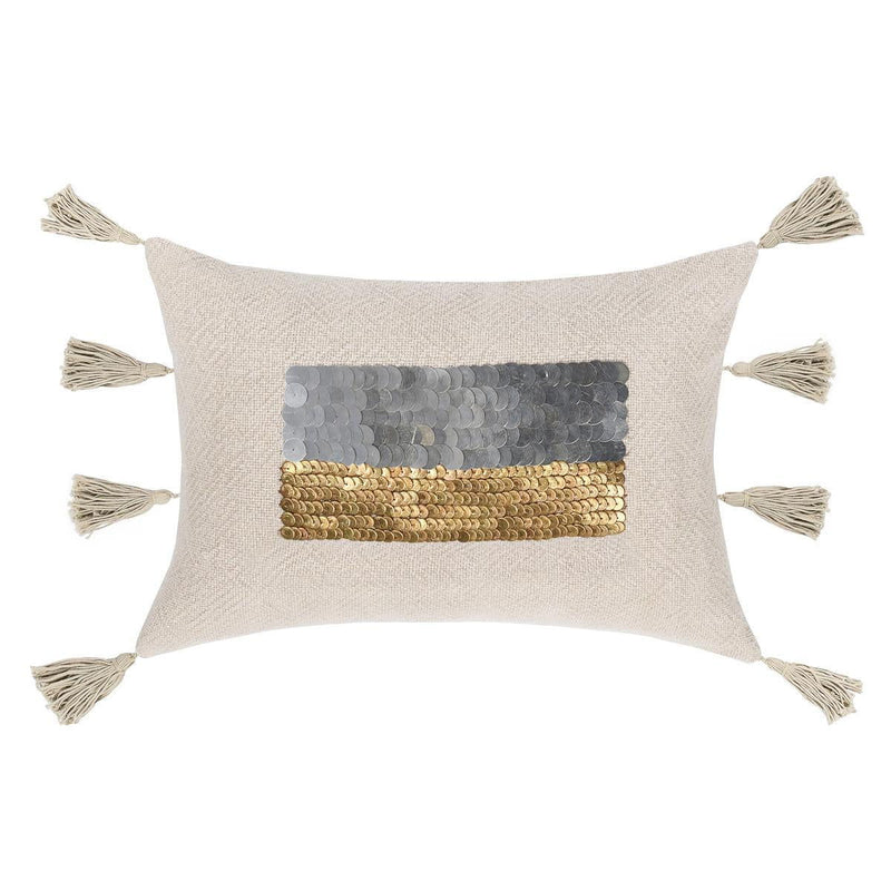 Natural 14x20 pillow with gray and gold sequin stripe center and tassel corners