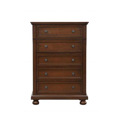 Dark brown wood chest with four drawers and round silver-tone knobs