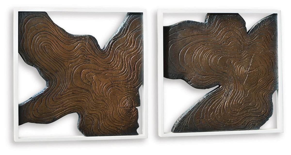 Wall decor set of 2 framed abstract wood plaques, dark brown and tan swirl lines