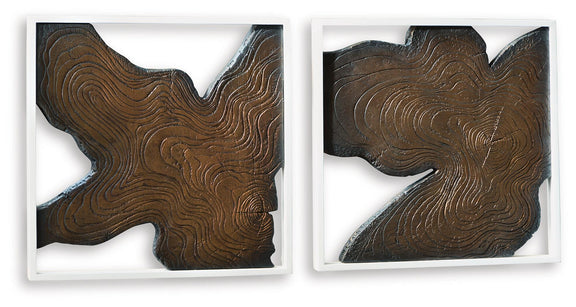 Wall decor set of 2 framed abstract wood plaques, dark brown and tan swirl lines
