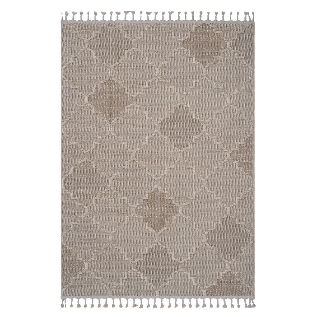 Cream trellis indoor/outdoor area rug with geometric pattern and fringe tassels