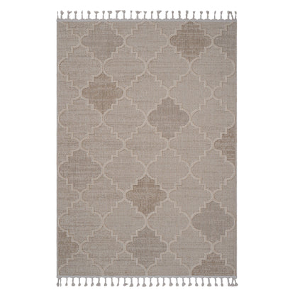 Beige trellis area rug with geometric lattice pattern and fringe tassel edges