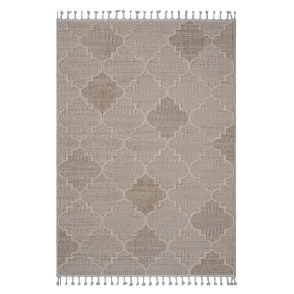 Beige trellis area rug with geometric lattice pattern and fringe tassel edges