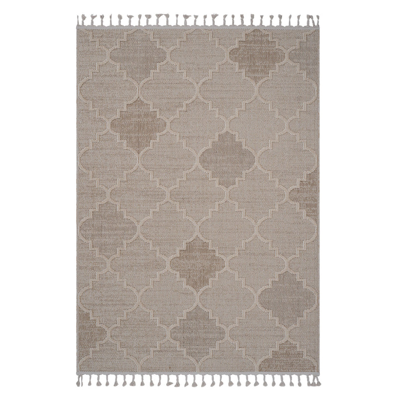 Beige trellis area rug with geometric lattice pattern and fringe tassel edges