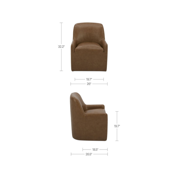 Tan leather rolling dining chair size diagram showing front and side dimensions