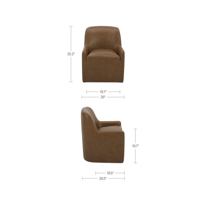 Tan leather rolling dining chair size diagram showing front and side dimensions