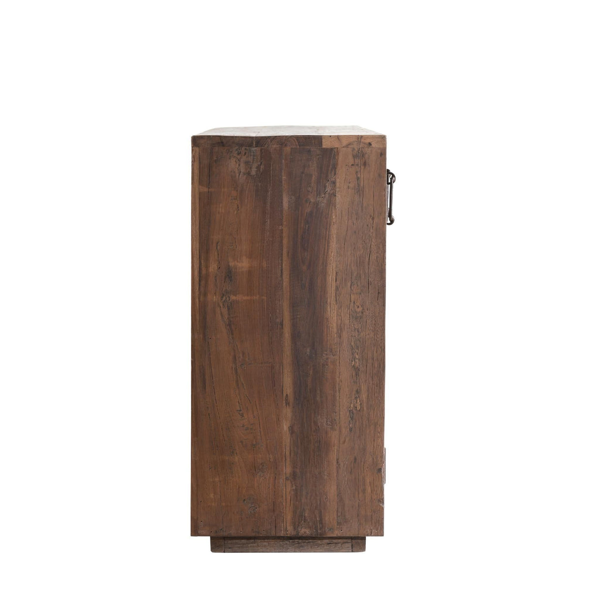 Wood buffet cabinet side panel with metal corner hardware and vertical edge