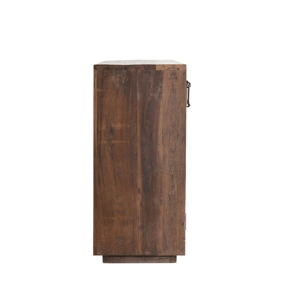 Wood buffet cabinet side panel with metal corner hardware and vertical edge