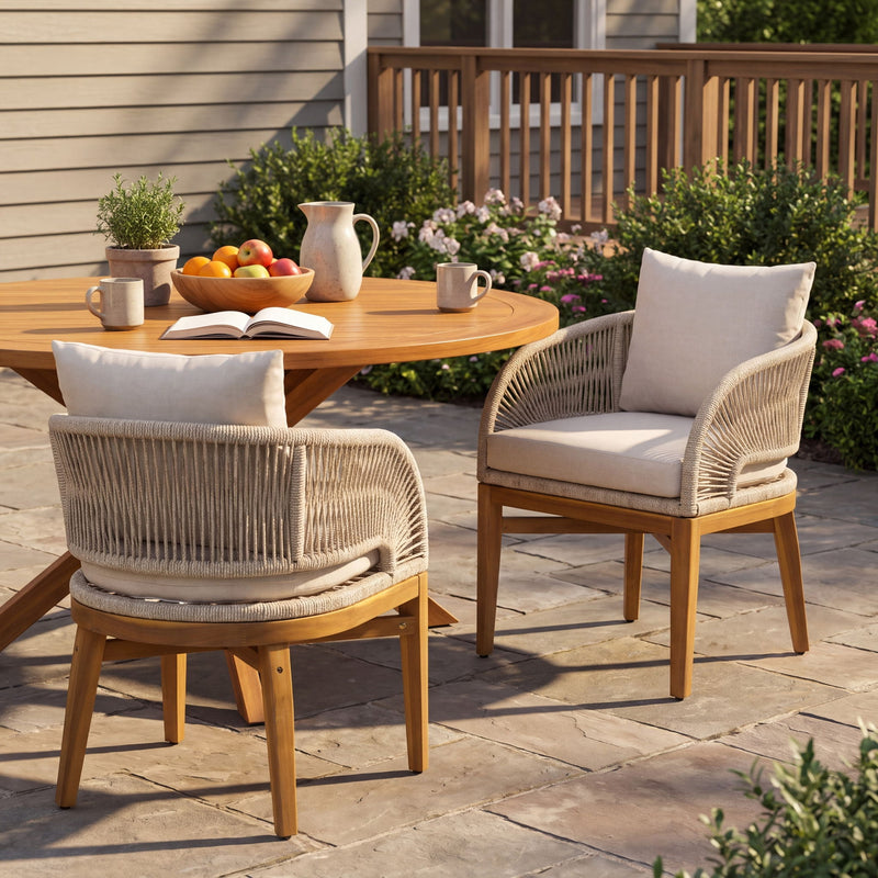 Outdoor dining chair with beige woven back and arms, white seat cushion, light wood frame