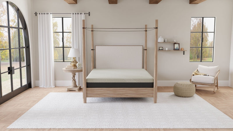 Gray gel memory foam tight-top mattress on light wood bed frame