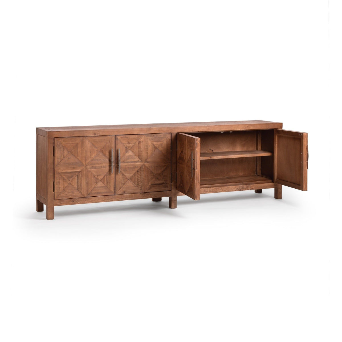 Brown 4-door sideboard with geometric panel doors and open shelf compartment on right