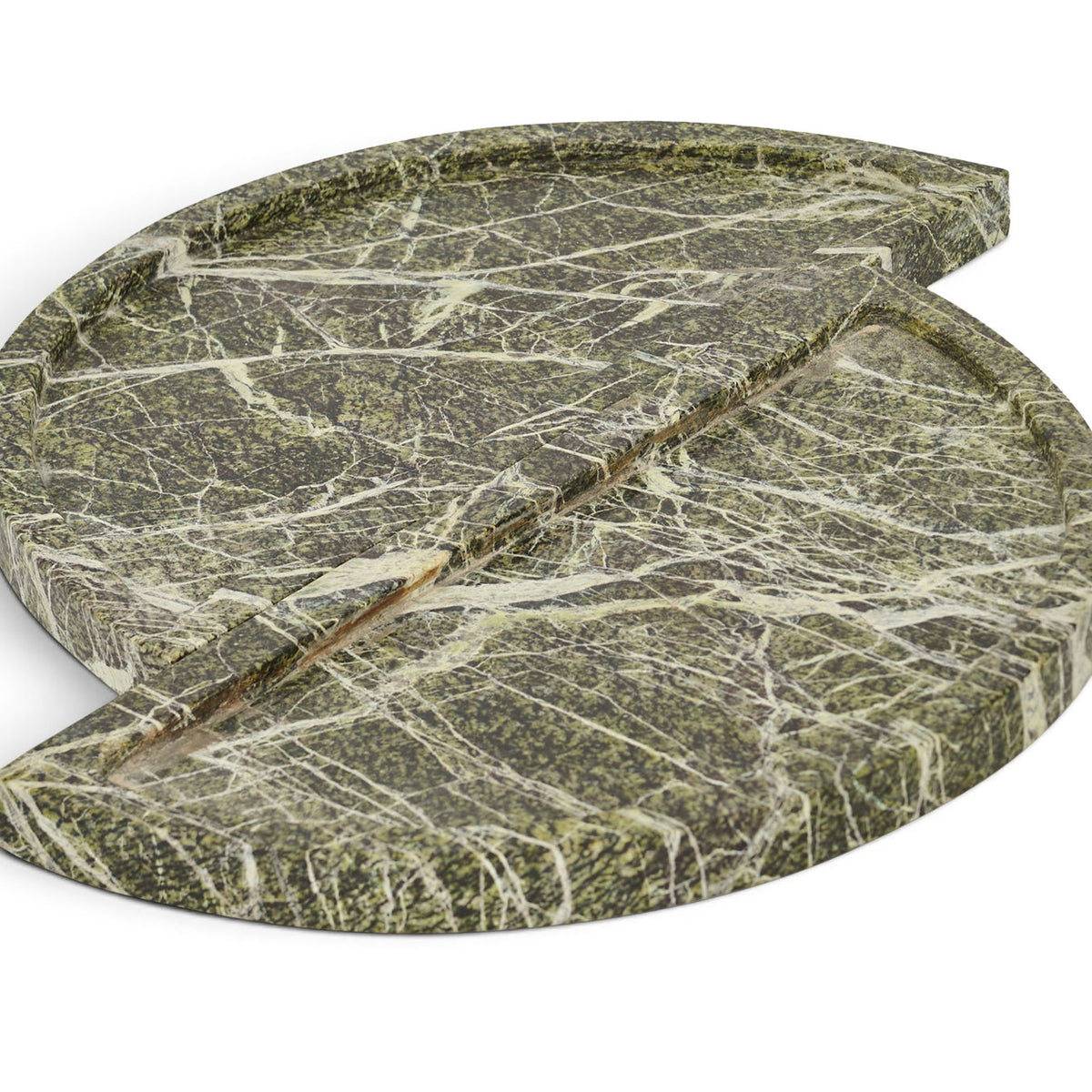 Green marble tray with two round hinged sections and a curved cutout handle