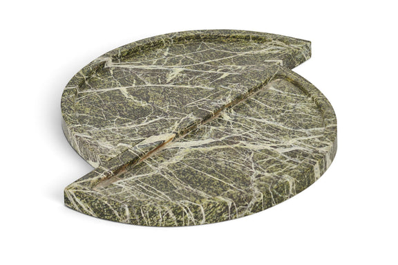 Green marble tray with two round hinged sections and a curved cutout handle