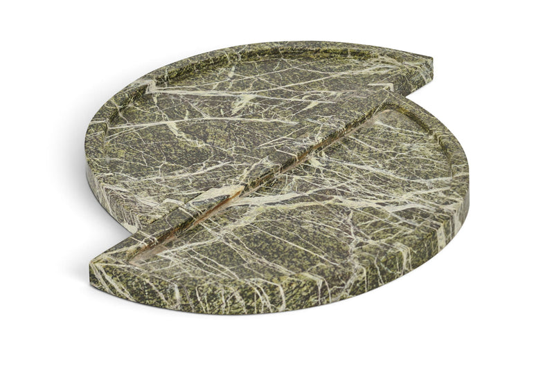 Green marble tray with two round hinged sections and a curved cutout handle