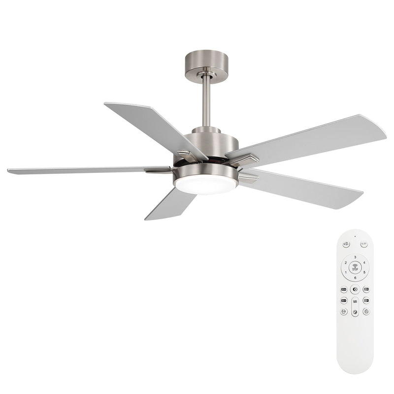 Brushed metal reversible ceiling fan with 4 light-gray blades and LED light