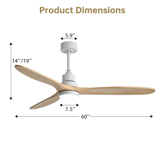 Ceiling fan with light, 60 in span, 3 blades, white housing (size diagram)
