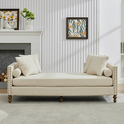 75.2'' Wide Upholstered Chaise Lounge Indoor with Nailheads, Sleeper Sofa Couch With 4 Throw Pillows&2 Bolsters, Daybed with Rubberwood Legs For Living Room, Bedroom, Apartment, Guestroom, Beige Chenille