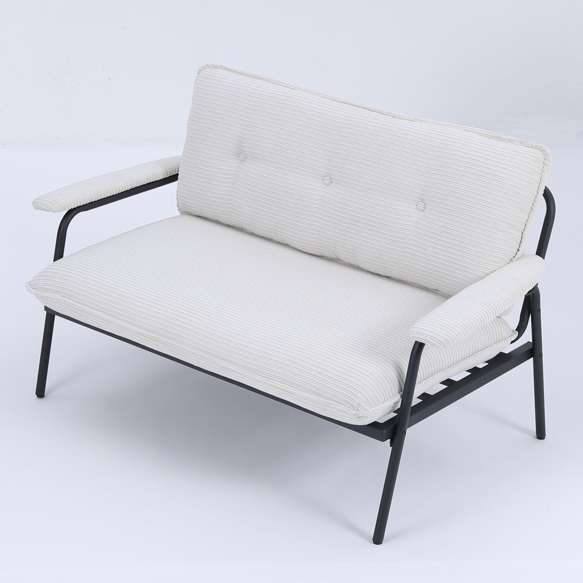 White metal frame sofa with striped fabric cushions and padded backrest