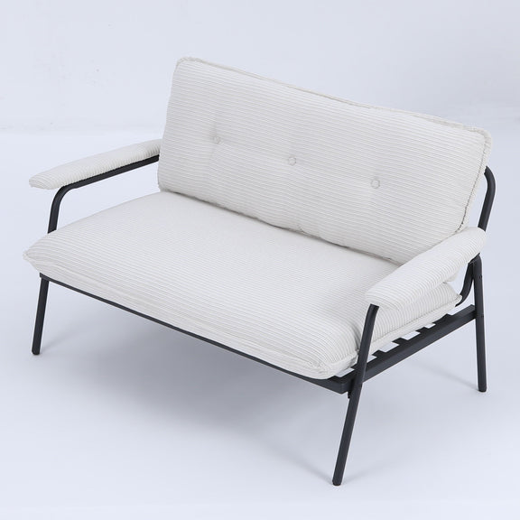 White metal frame sofa with striped fabric cushions and padded backrest