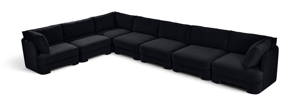Velvet sectional sofa in black with square arms and deep seat cushions