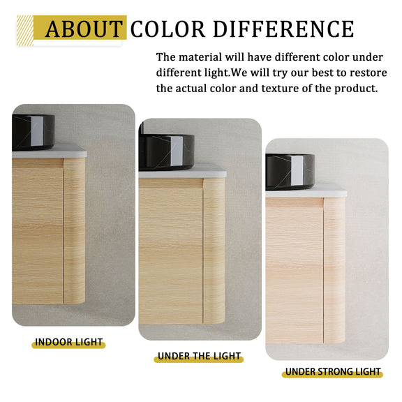 Bathroom vanity color comparison panel showing light wood cabinet and white top under different lighting