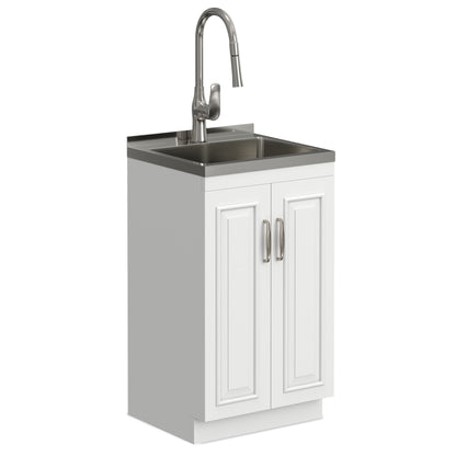 White laundry sink cabinet with chrome faucet and stainless steel sink basin