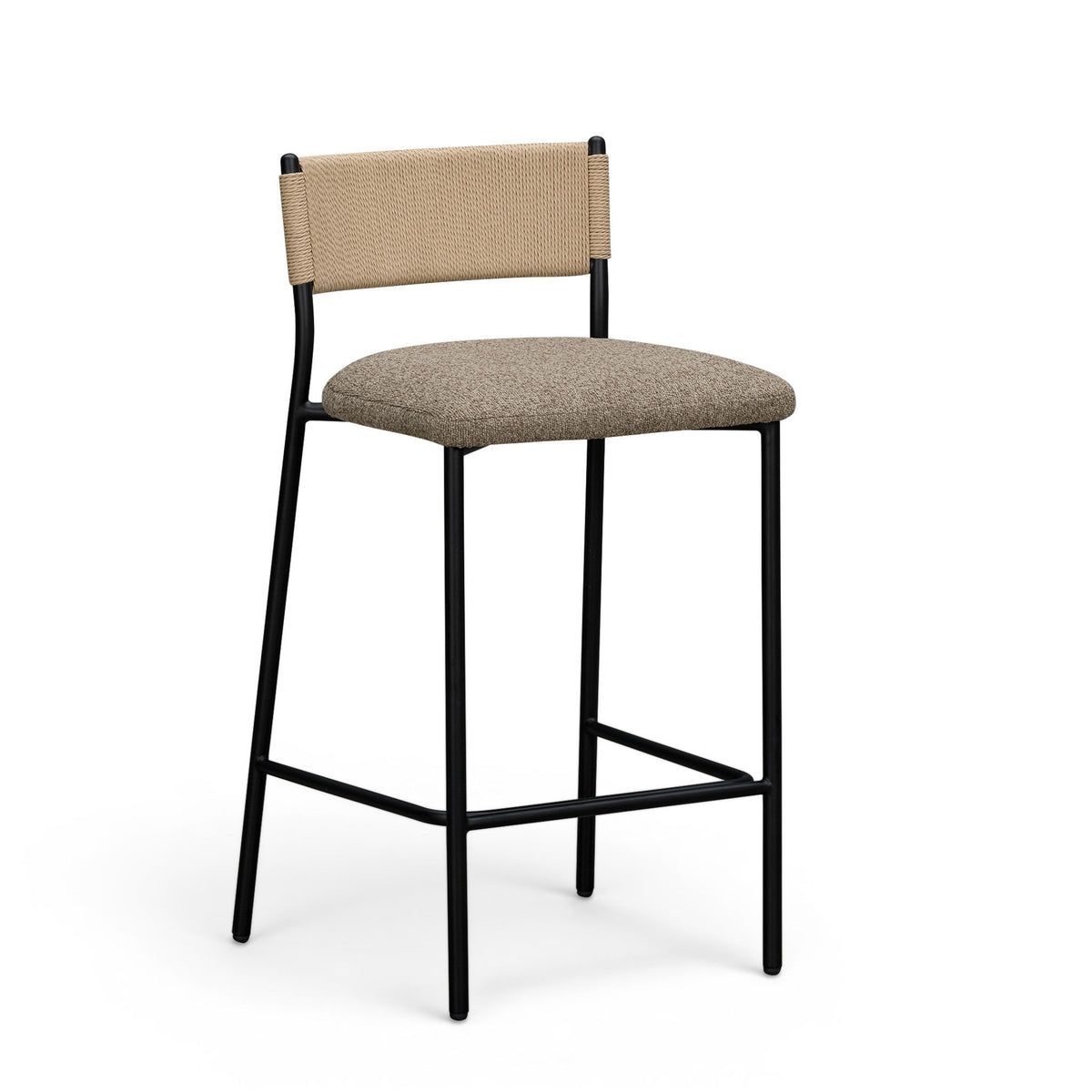 Boucle upholstered bar stool with beige back and seat, black legs, metal footrest