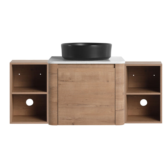 Bathroom vanity with black vessel sink, central cabinet door, and two side open shelves