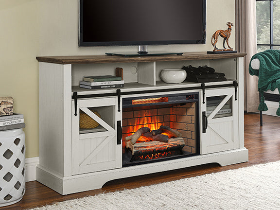 White electric fireplace entertainment center with open cabinet doors and glass firebox