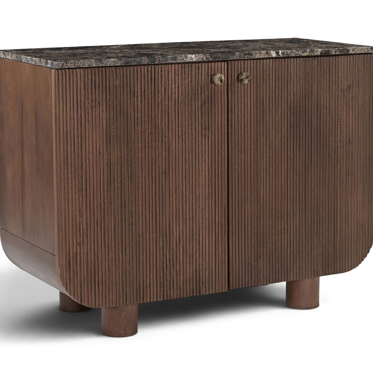 Dark brown mango wood sideboard with 2 doors, vertical ribbed texture, and metal knobs