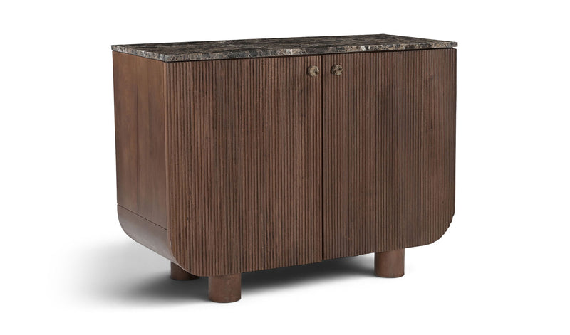 Dark brown mango wood sideboard with 2 doors, vertical ribbed texture, and metal knobs