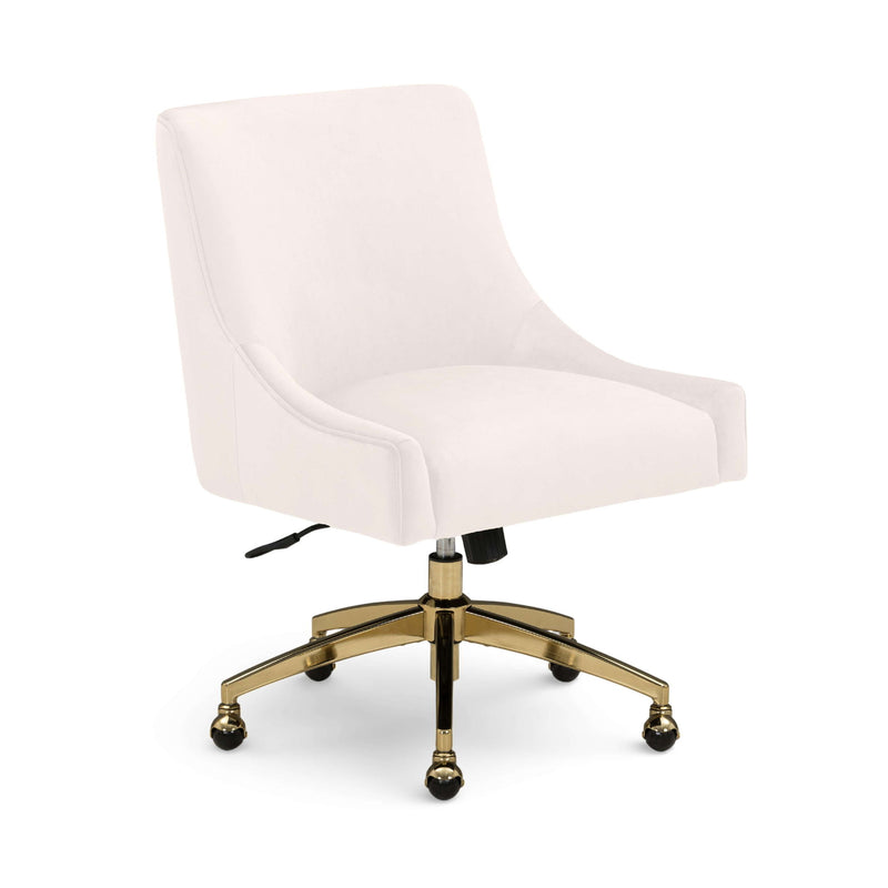 White office swivel chair with curved arms, gold base, and rolling casters