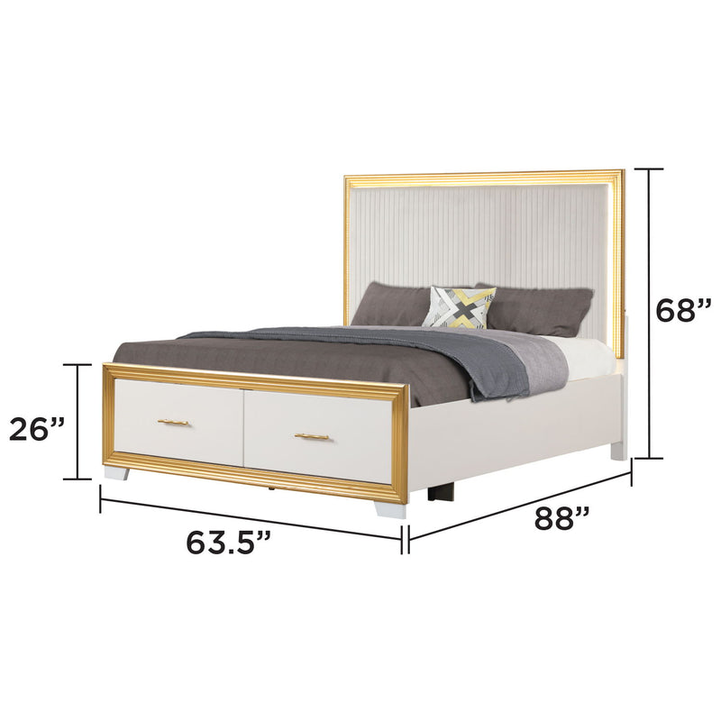 White bed with LED border headboard and front drawer storage, size shown 88"