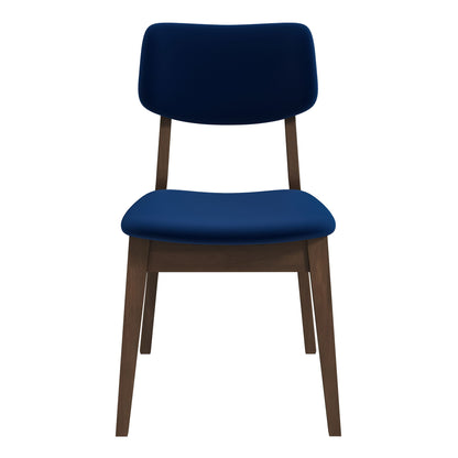 Blue upholstered dining chair with rounded back, wooden legs, and padded seat