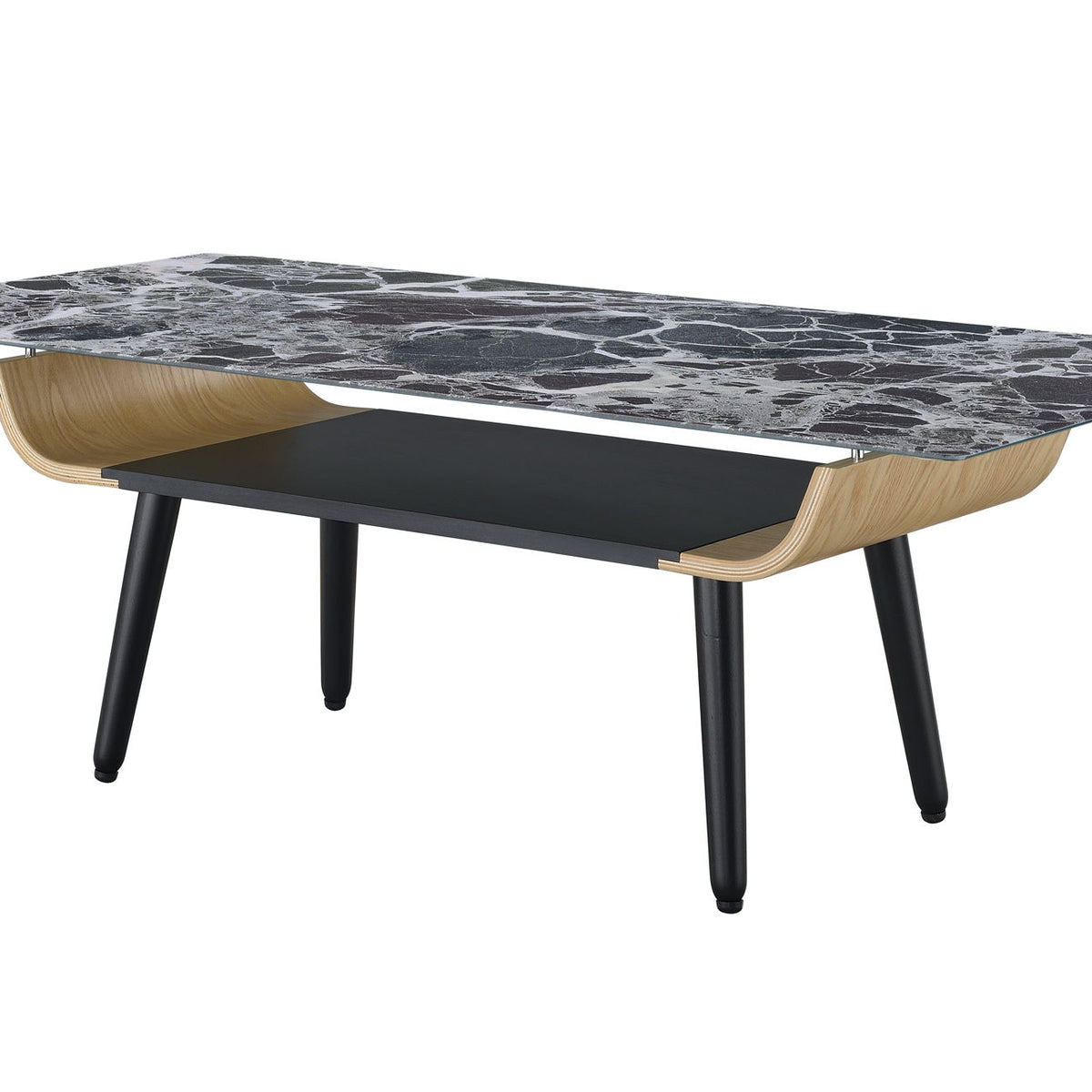 Landon - Coffee Table With Glass Marble Texture Top And Bent Wood Design