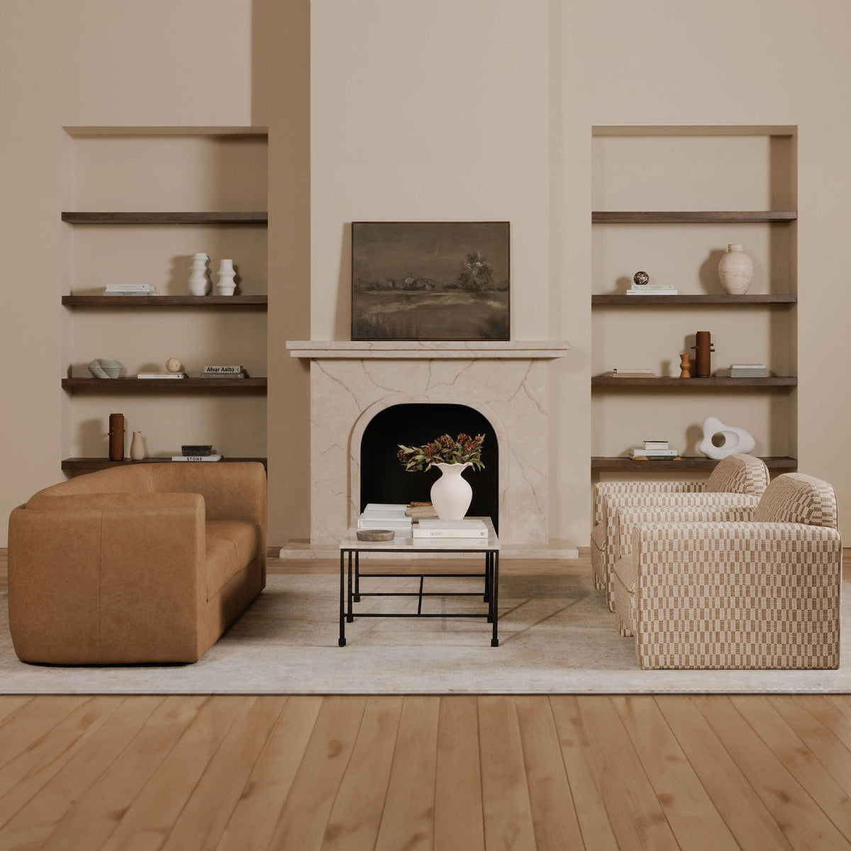 Taupe accent chair with geometric woven fabric, rounded arms and short legs