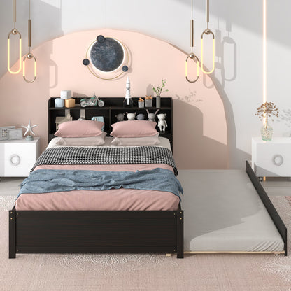 Full Size Bed with Trundle and Bookcase Headboard, Espresso