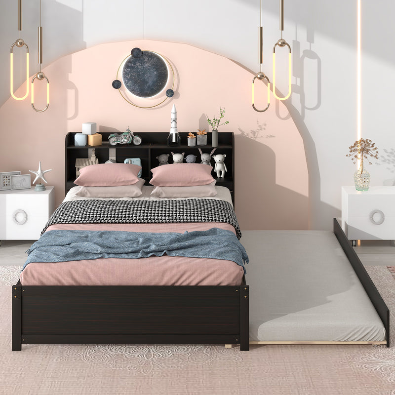 Full Size Bed with Trundle and Bookcase Headboard, Espresso