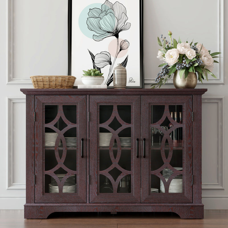 Ox blood red sideboard with three glass-panel doors and decorative lattice center panels
