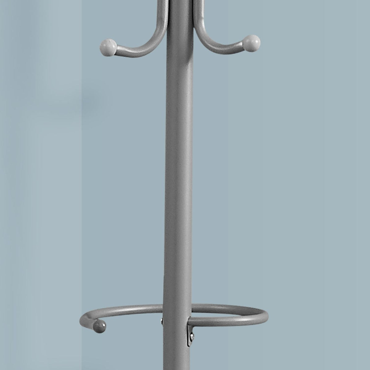 Dark gray coat rack with rounded hooks and side hanging bar on central pole